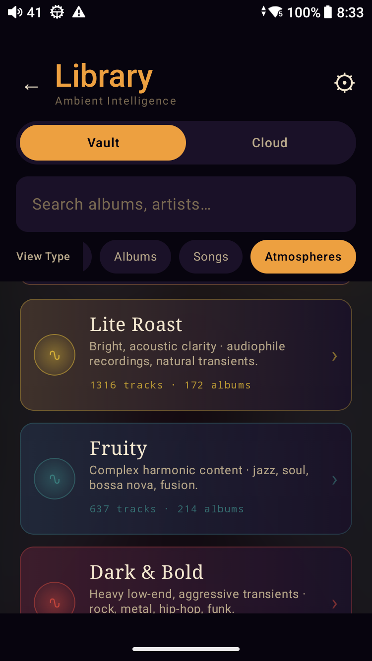 Meringo Library — Vault lens, Atmospheres view-type selected. The mood tiles show counts derived locally from each track&rsquo;s audio fingerprint, shown here for a sample library: Lite Roast (1316 tracks, 172 albums), Fruity (637 tracks, 214 albums), Dark & Bold (rock / metal / hip-hop / funk) partially visible below