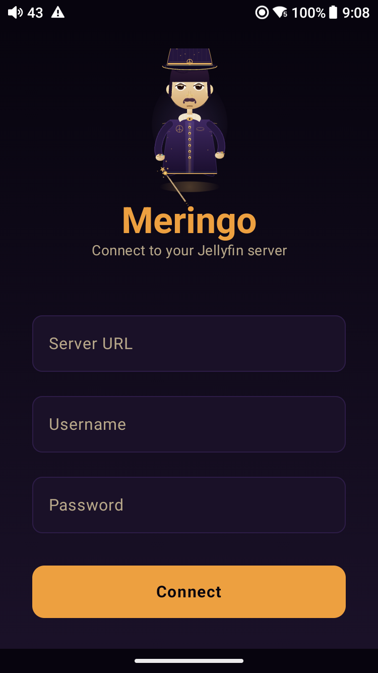 Meringo Jellyfin connect screen &mdash; mascot at the top, &lsquo;Connect to your Jellyfin server&rsquo; subtitle, Server URL / Username / Password fields, large Connect CTA
