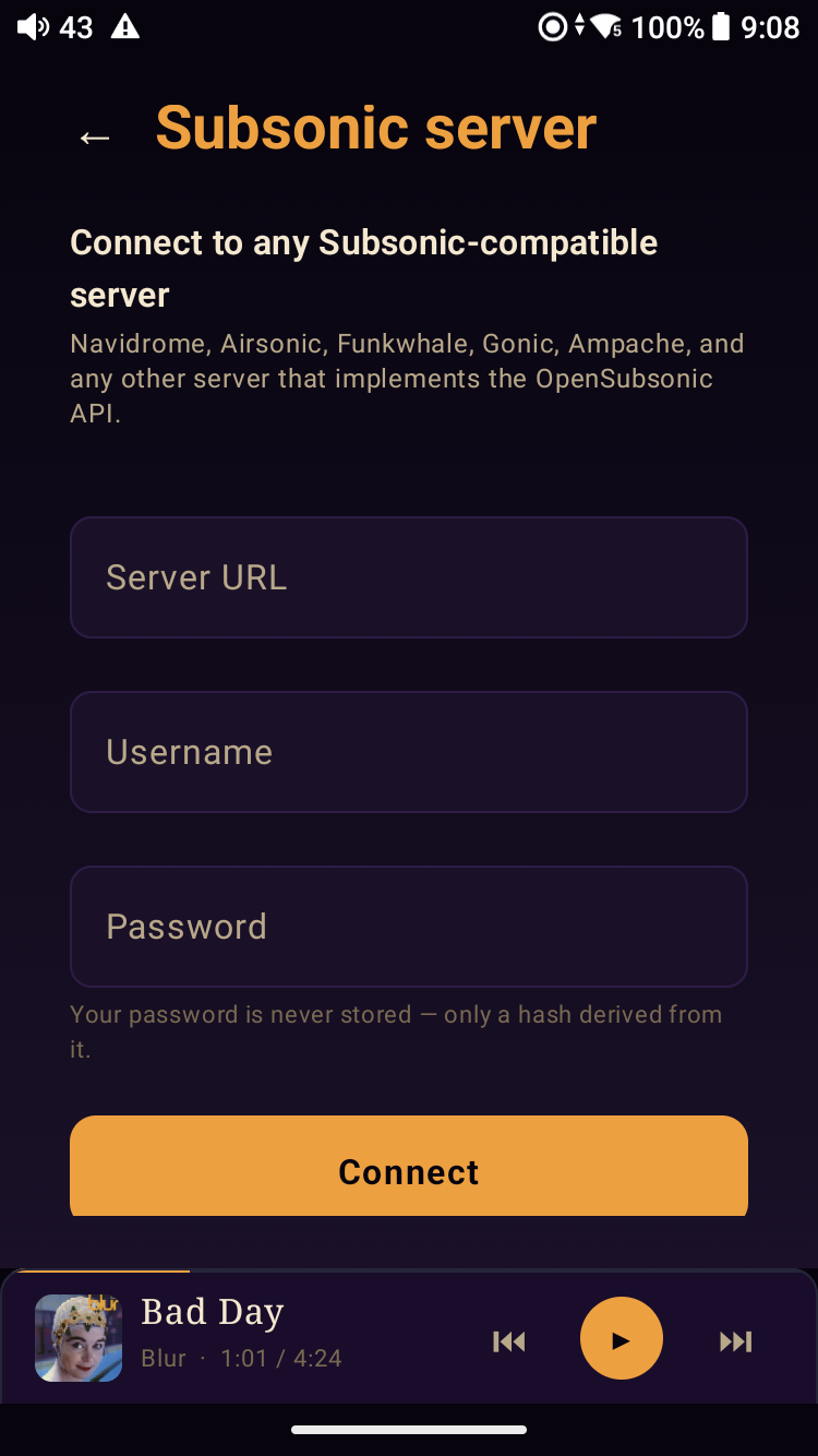 Meringo Subsonic-compatible server connect screen &mdash; &lsquo;Connect to any Subsonic-compatible server: Navidrome, Airsonic, Funkwhale, Gonic, Ampache, and any other server that implements the OpenSubsonic API.&rsquo; URL / Username / Password fields with the disclaimer &lsquo;Your password is never stored &mdash; only a hash derived from it&rsquo; below