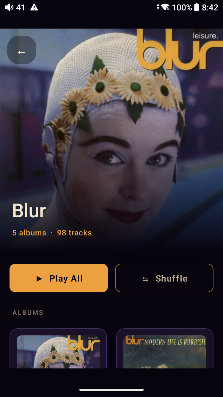 Meringo Library — Vault lens, 331 albums in a 2-column grid with ULTRA and FLAC quality chips