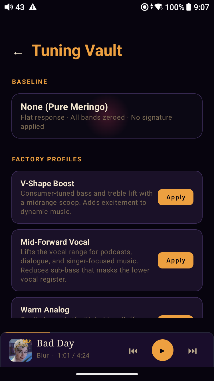 Meringo Tuning Vault — Baseline section at top showing None (Pure Meringo): &lsquo;Flat response · All bands zeroed · No signature applied.&rsquo; Factory Profiles section below: V-Shape Boost, Mid-Forward Vocal, Warm Analog (partial), each with its own Apply CTA