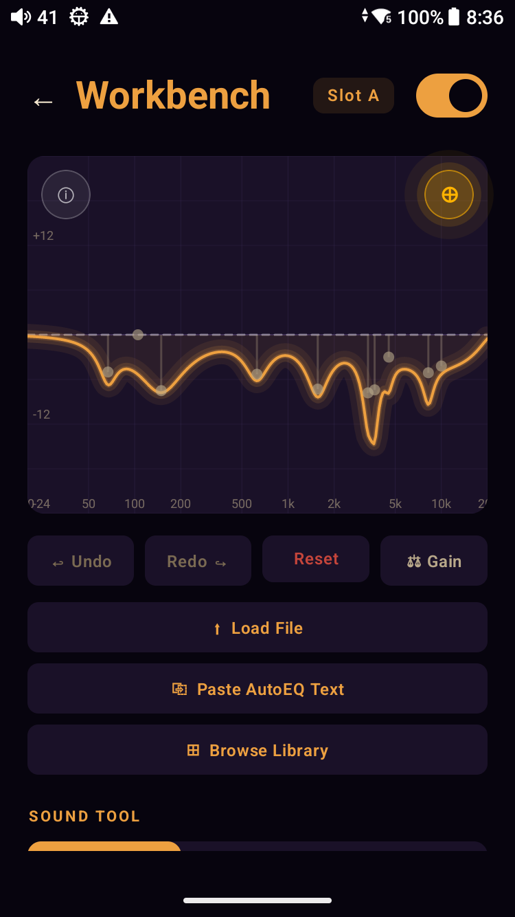 Meringo Workbench — 10-band parametric EQ with an active curve (gentle bass shape, 4 kHz cut, gentle top-end roll-off), Slot A engaged, engine on