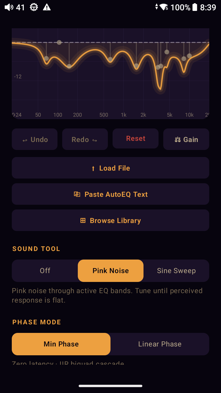 Meringo Workbench scrolled to the Sound Tool selector — Pink Noise is the active tool, routed through the EQ bands. Helper line reads &lsquo;Pink noise through active EQ bands. Tune until perceived response is flat.&rsquo; Phase Mode toggle below shows Min Phase selected